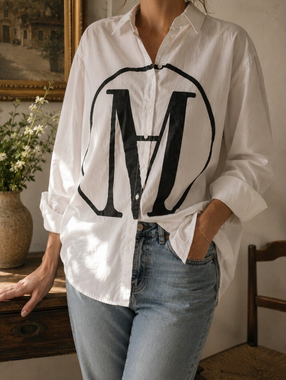 Marc Aurel White Graphic Button-Up Shirt | Oversized Logo | EU 36